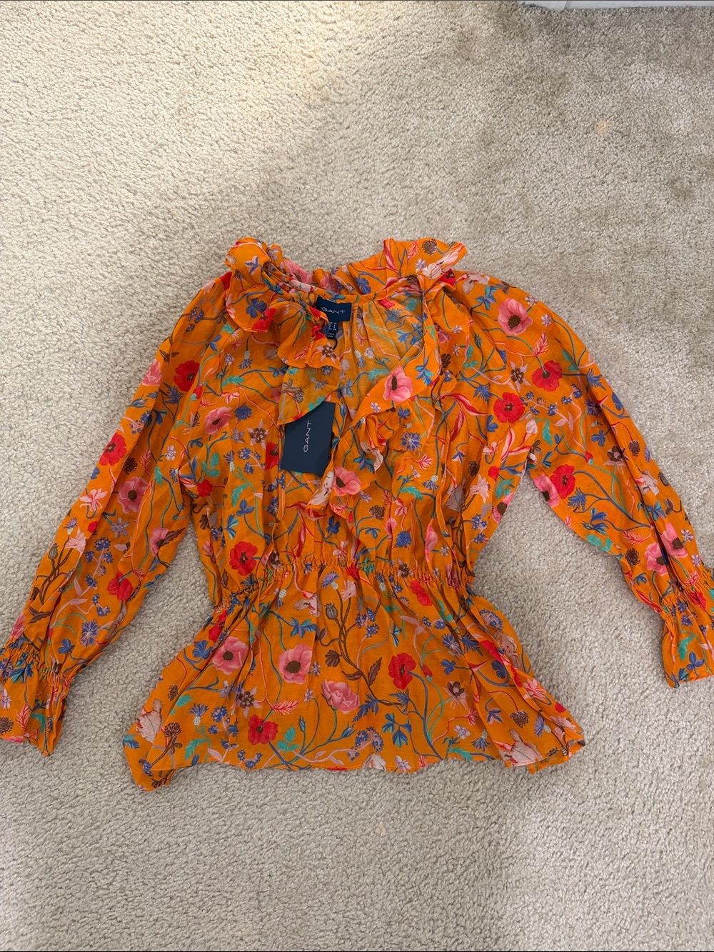 Gant Orange Floral Ruffle-Trim Long Sleeve Blouse